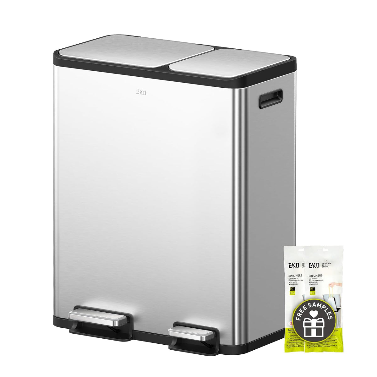EKO EcoCasa - cubeta de basura de acero inoxidable de doble paso para reciclaje, cubeta de basura rectangular de cocina de 30 l+20 l, pedales y tapas independientes, cierre suave y resistente a las