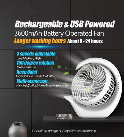 Viniper Ventilador recargable portátil, ventilador de computadora pequeño: 3 velocidades y aproximadamente 8-24 horas de trabajo más largo, rotación 180, ventilador de computadora portátil, pequeño