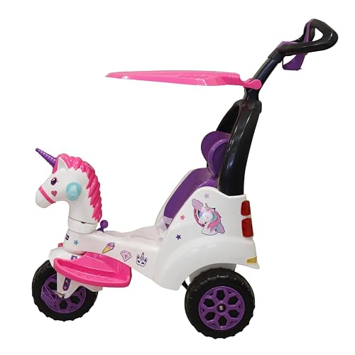 PRINSEL | Triciclo Push Car| Triciclo Montable para Niñas | Supertrike Unicornio| Blanco | De 2 a 6 Años, Barra de Empuje, Descansapies, Techo Removibles, Luces y Sonido | Artículos para Niños