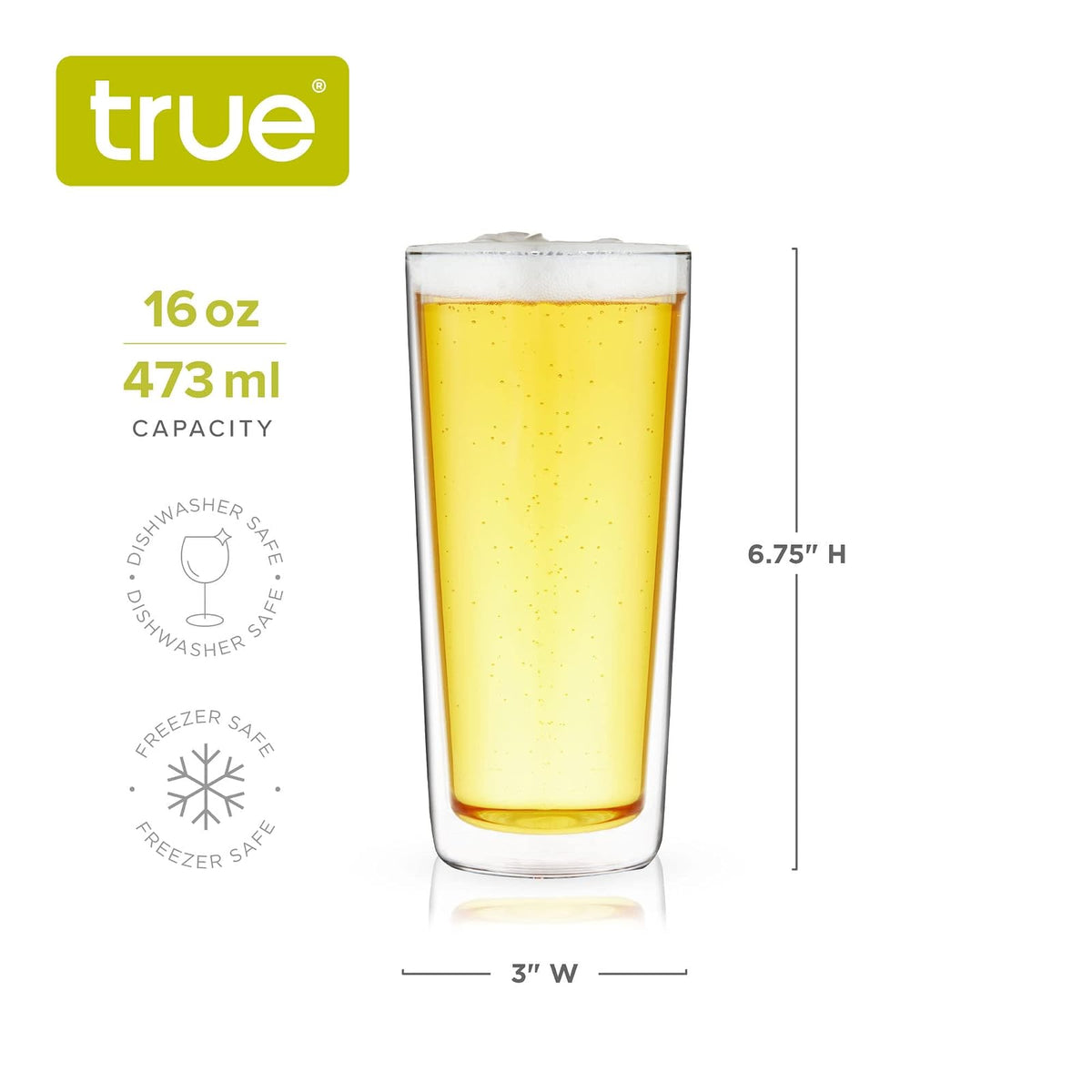 True - Juego de vasos de cerveza de doble pared, vasos de vidrio de pinta para inauguración de la casa, cumpleaños, boda, accesorios de bar, 16 onzas, juego de 2, transparente