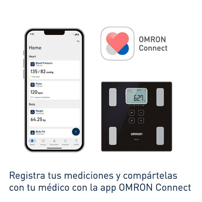 OMRON Báscula digital Corporal HBF-222T con 6 indicadores y Bluetooth, para 4 perfiles de usuario y memoria ilimitada. Compatible con OMRON Connect