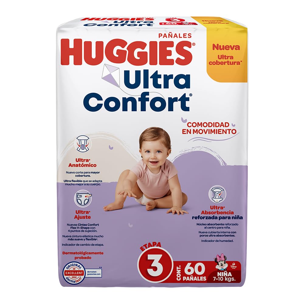 HUGGIES UltraConfort Pañal Desechable para Bebé, Etapa 3, Niña, Caja con 180 Piezas, Ideal para Bebés de 7 a 10 kg