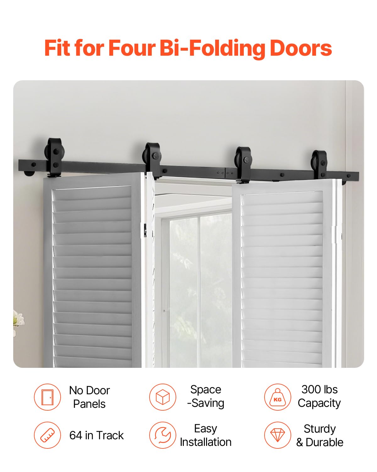 VEVOR Kit de Rieles para Puertas Corredizas Plegables de Granero, con Montaje Superior, Deslizamiento Suave y Silencioso, Resistente, para Cuatro Puertas de Armario, Despensa, 1626 x 40 x 6 mm