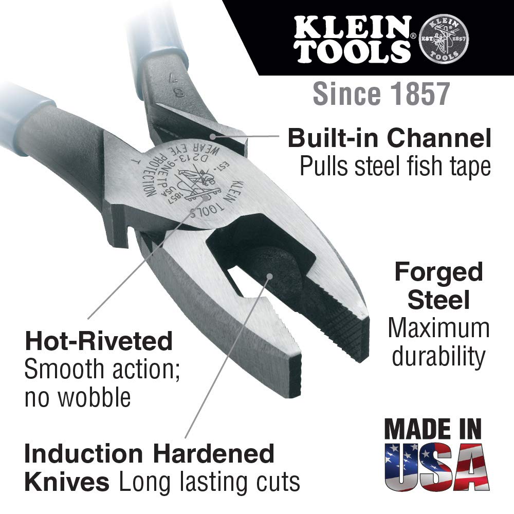 Klein Tools D213-9NETP Pinza de Electricista Alta Palanca con Jalaguía, Cabeza Inglesa, 9"
