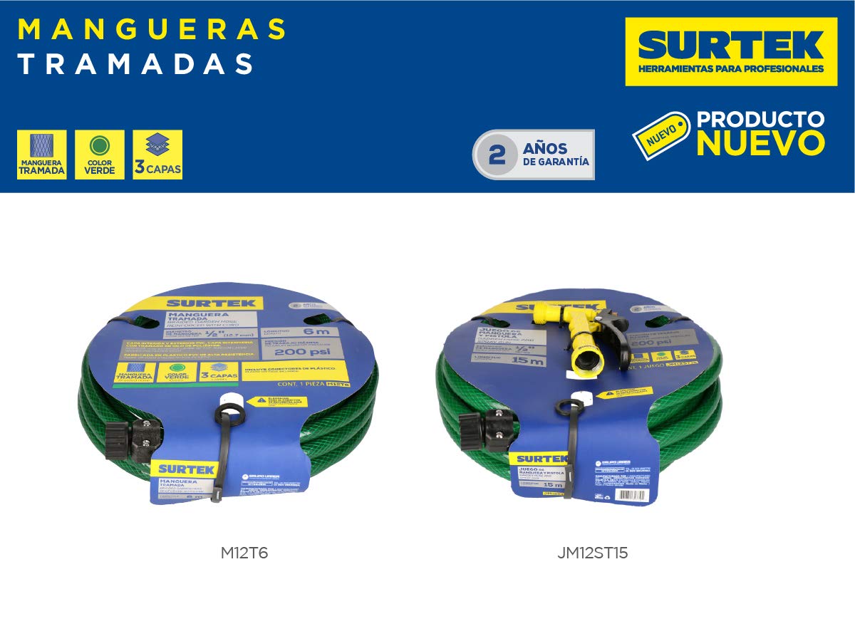 Surtek Manguera tramada verde 1/2", 6 metros