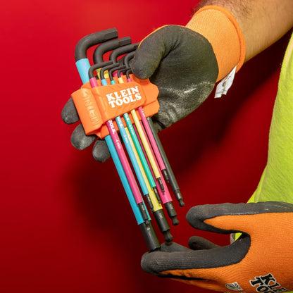 Klein Tools BLS18 Juego de llaves hexagonales con código de colores, SAE y métrico, tratado térmicamente, estilo L, brazo largo y extremo de bola, 1/16 pulgadas a 3/8 pulgadas y 1.5 mm a 10 mm, 18