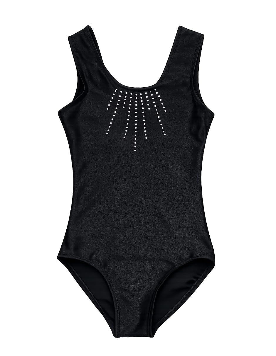 DANZINATTA Leotardo para Niña sin Manga Negro con Diseño de Pedrería