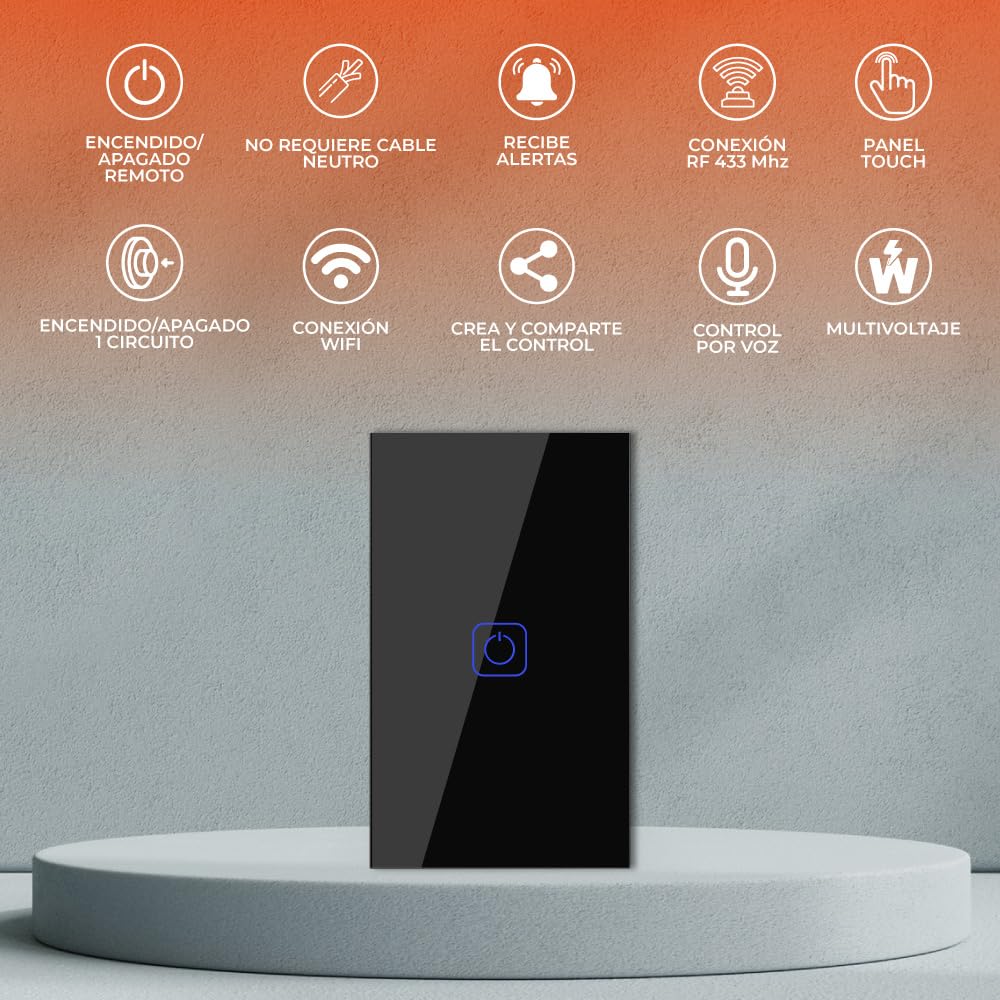 Tecnolite Connect - Apagador Inteligente Táctil WiFi 1 Circuito, Sin Cable Neutro, Compatible con App móvil, Alexa, Google y Siri, Interruptor Inteligente