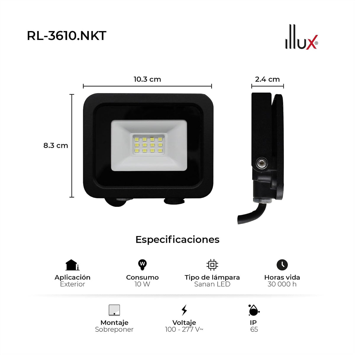 ILLUX Reflector LED Exterior 10W, Luz Fría 6500K, Impermeable IP65, Sobreponer en Piso, Negro, Iluminación para Fachadas y Jardines RL-3610.N65