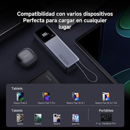 XIAOMI PowerBank 10000mAh 165W, Carga rápida, Gris | USB-C Integrado + USB-C, Cargador Portátil, Pantalla Inteligente TFT, 9Capas de Seguridad, Control de temperatura inteligente