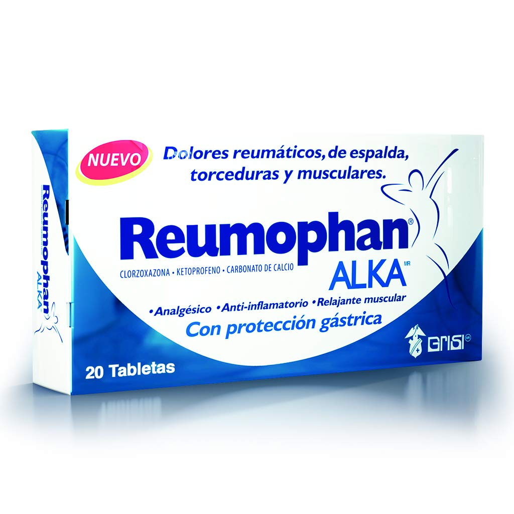 Reumophan Tabletas Alka, 125 mg, 20 Piezas | Triple acción, analgésico, antiinflamatorio, relajante muscular, con protección gástrica, carbonato de calcio, adultos