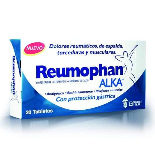 Reumophan Tabletas Alka, 125 mg, 20 Piezas | Triple acción, analgésico, antiinflamatorio, relajante muscular, con protección gástrica, carbonato de calcio, adultos