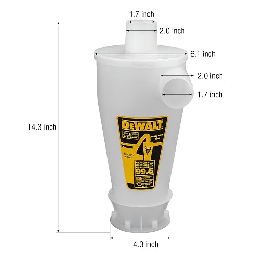 DEWALT Separador de Polvo con Tanque de Polietileno de 6 galones, colector de Polvo ciclón de eficiencia 99.5%, Filtro colector de Polvo de Ciclo de Alto Rendimiento, DXVCS002, Amarillo