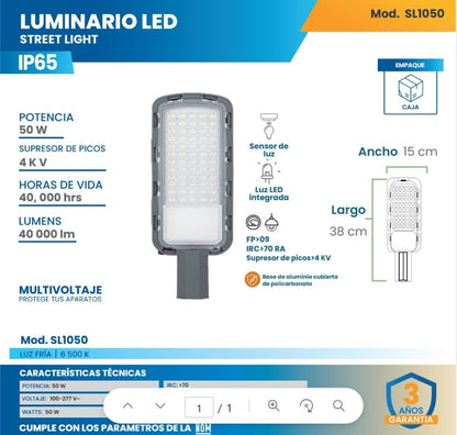 Igoto SL1050 Luminario LED Street Light 50W Exterior IP65 con Sensor de Luz, 40,000 lm, 6500K Multivoltaje