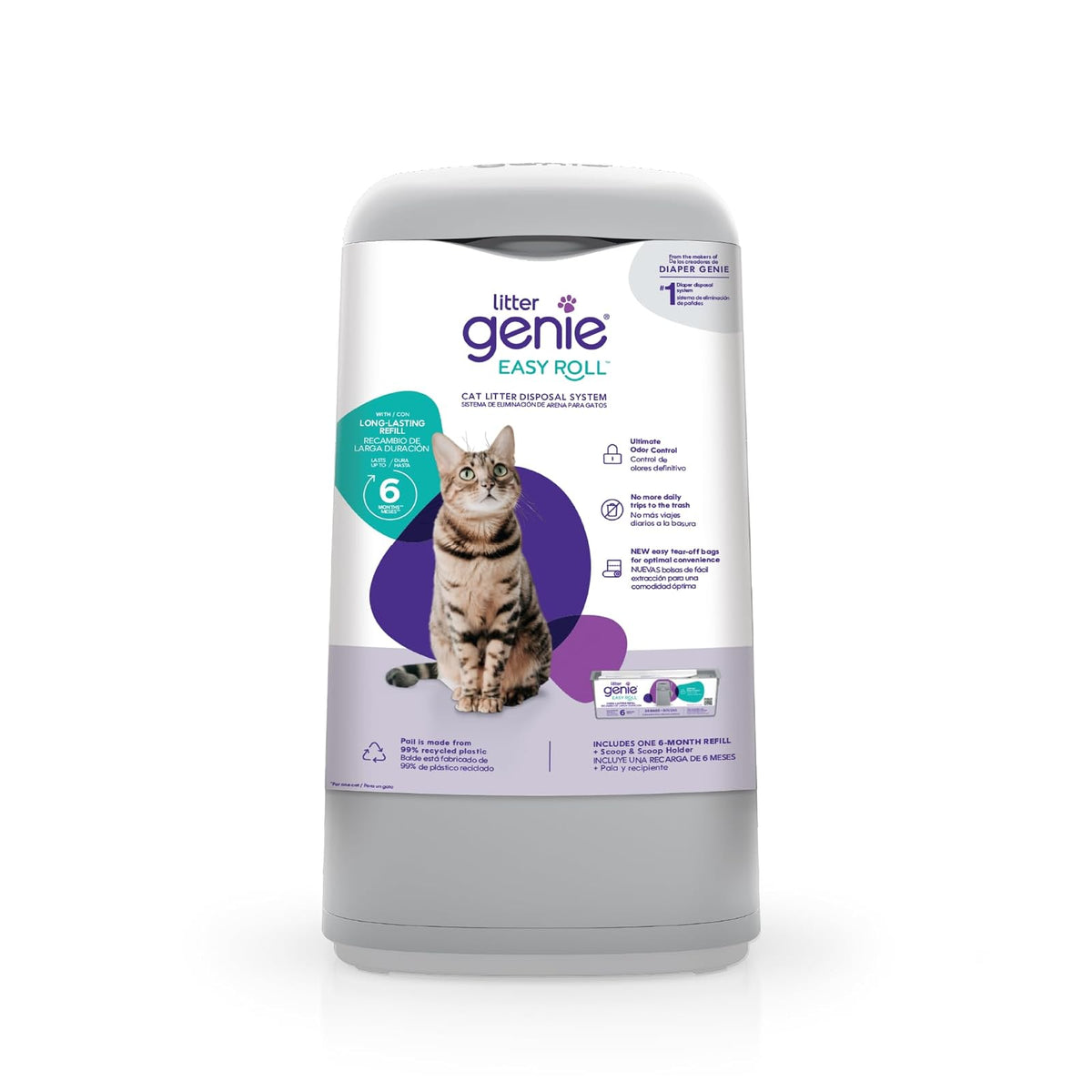 Litter Genie Bote Easy Roll Incluye 1 Recambio de Larga duración Que Puede durar hasta 6 Meses, una Pala y un Soporte para Pala