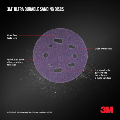 3M Discos de lijado de energía ultra duraderos de 5 pulgadas, orificio universal, grano 220, paquete de 10