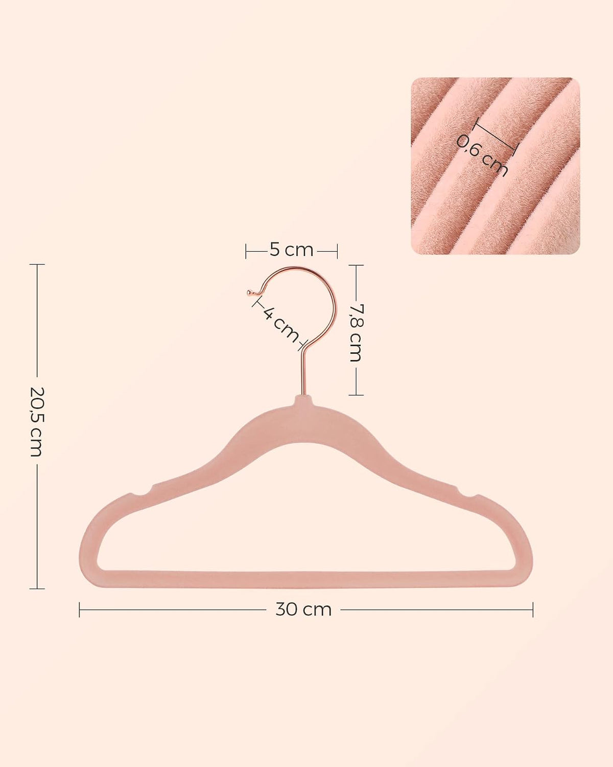 SONGMICS Perchas Infantiles, Juego de 50, Perchas de Terciopelo con Ganchos, Antideslizantes, para Ropa, Rosado Claro MCRF027P01