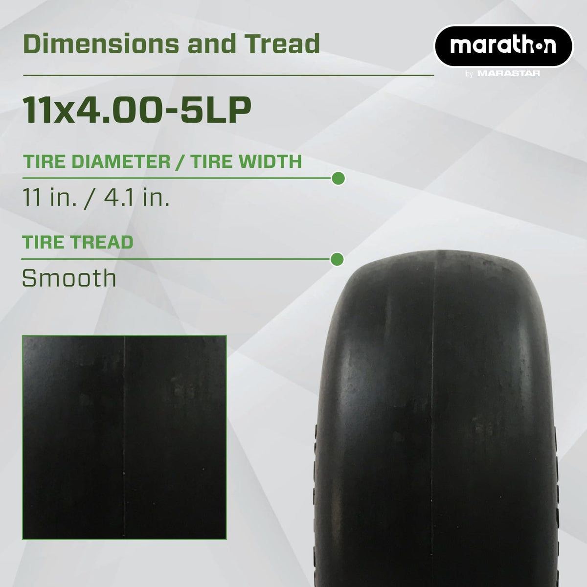 Marathon - Neumático para cortacésped sin plano de 11 x 4 a 5 pulgadas, cubeta de 5 pulgadas, rodamientos de 1/2 pulgadas