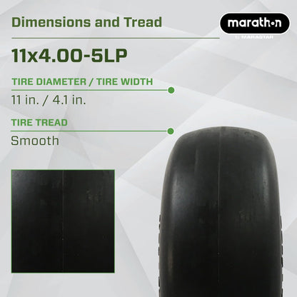 Marathon - Neumático para cortacésped sin plano de 11 x 4 a 5 pulgadas, cubeta de 5 pulgadas, rodamientos de 1/2 pulgadas