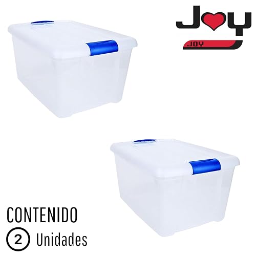JOY - Caja de Almacenamiento Apilable, Pack de 2, para Organizador Armario, Juguetes, Ropa, con Broche y Tapa Duradera, 24 Litros de Capacidad, Plástico Libre de BPA, Transparente
