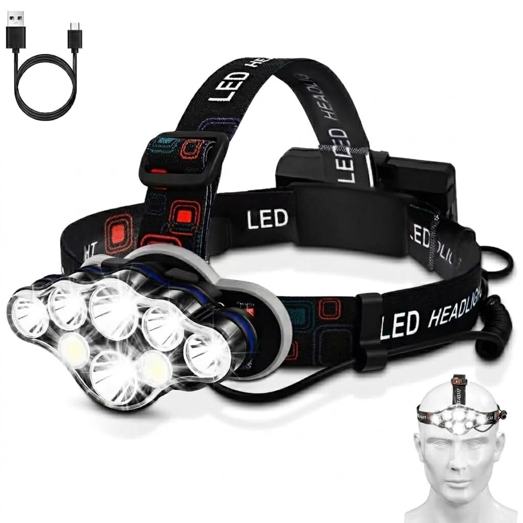 Elmchee - Linterna frontal recargable de 18000 lúmenes con 8 LED, 16 modos de sensor de movimiento ajustable con luz roja, linterna impermeable para exteriores, senderismo, camping