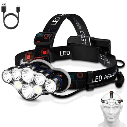 Elmchee - Linterna frontal recargable de 18000 lúmenes con 8 LED, 16 modos de sensor de movimiento ajustable con luz roja, linterna impermeable para exteriores, senderismo, camping