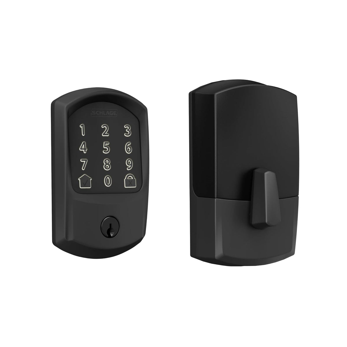 SCHLAGE BE489WB GRW 622 - Cerradura inteligente con cerrojo de seguridad WiFi, cerradura de puerta con visualización táctil sin llave con ribete Greenwich, negro mate
