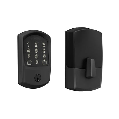 SCHLAGE BE489WB GRW 622 - Cerradura inteligente con cerrojo de seguridad WiFi, cerradura de puerta con visualización táctil sin llave con ribete Greenwich, negro mate