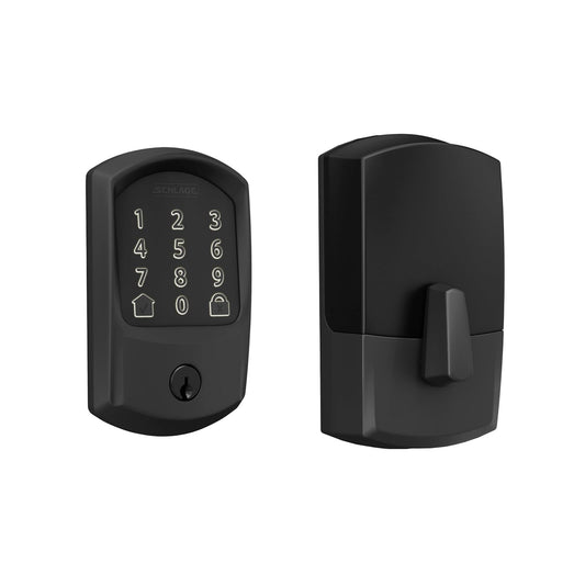 SCHLAGE BE489WB GRW 622 - Cerradura inteligente con cerrojo de seguridad WiFi, cerradura de puerta con visualización táctil sin llave con ribete Greenwich, negro mate