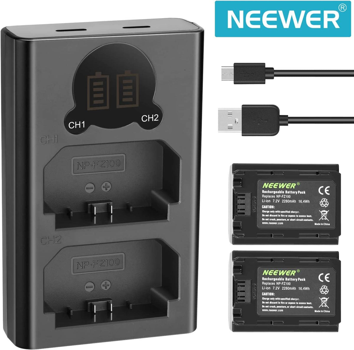 NEEWER NP-FZ100 2280mAh batería de Repuesto y Cargador con visualización LCD, 2 Paquetes, Compatible con Sony ZV-E10II A9III A7CII ZV-E1 A7III A7IV FX3 FX30 A6700 A1 A7C A7CR A7RIV A7RV A7SIII A9II