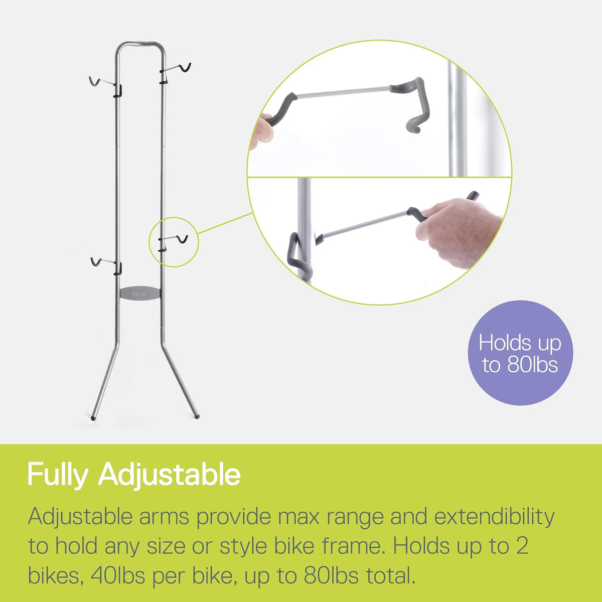 Delta Cycle Double Bike Leaning Floor Stand, Tool-Free Adjustable Bike Floor Rack for Mountain, Fat Tire, Road Bikes, Freestanding Bike Stand for Garage Parking