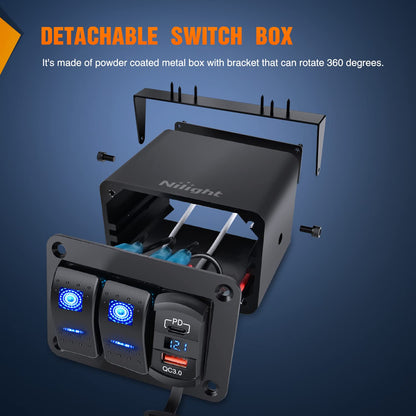 Nilight 90311B-C Caja de 2 Interruptores Basculantes SPST 12 V con Puerto USB Tipo C, QC 3.0 y Voltímetro, Impermeable, para Barco y Auto