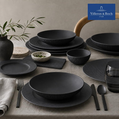 Villeroy & Boch Manufacture Rock Juego de Vajilla | 12 piezas, servicio para 4, platos de cena, platos de ensalada, cuencos de pasta, porcelana, negro mate, hecho en Alemania