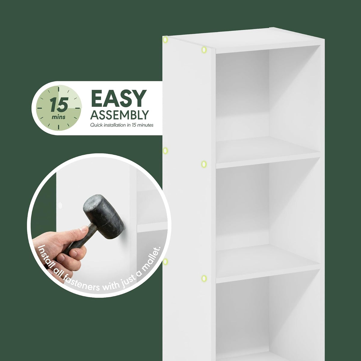 Furinno Pasir Estantería Abierta de 3 Niveles sin Herramientas, Blanco | 22,86 x 30,48 x 81,28 cm, para sala de estar, dormitorio, oficina en casa