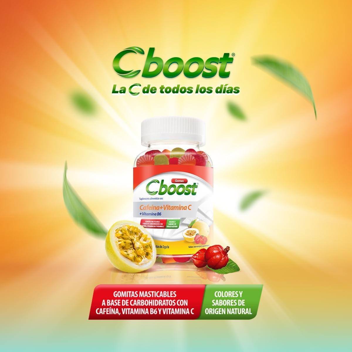 Cboost - Gomitas Cafeína 50mg, Vitamina C y B6, Maracuyá y Guaraná, 90 Pzs | Colores y sabores naturales, extra de energía, para adultos, 1 al día, certificación GMP