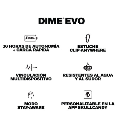 Skullcandy Dime EVO Auriculares In-Ear Inalámbricos, 36 h de Autonomía, Micrófono, Compatibles con iPhone Android y Dispositivos Bluetooth, Negro