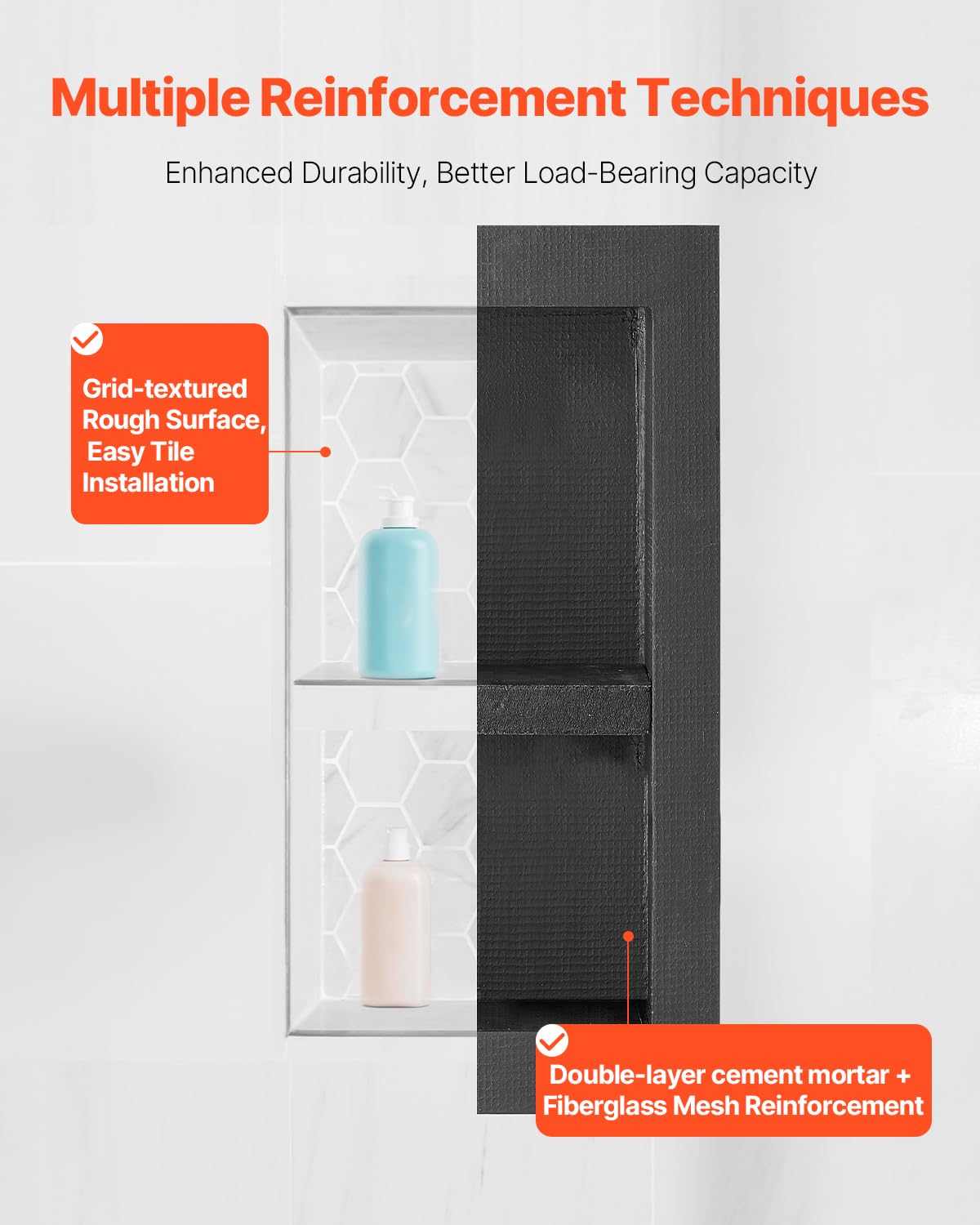 VEVOR Nicho de ducha, 40,6 x 81,2 cm + 40,6 x 81,2 cm, nicho de pared empotrado con estante móvil, organizador moderno de 10,16 cm de grosor para jabón y champú, esquinas cuadradas