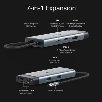 TP-Link USB C Hub 7 en 1 Adaptador multipuerto (UH7020C) | 4K@60Hz HDMI, SD y microSD, 100W de Suministro de energía, 1 USB-C, 2 Puertos USB-A | Dongle de Alta Velocidad de 5Gbps | Compatible con