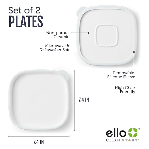 Ello Clean Start - Juego de 2 platos de cerámica sin BPA con funda de silicona para bebés y niños pequeños, apto para microondas y lavaplatos, sin plástico, apto para sillas altas, color azul