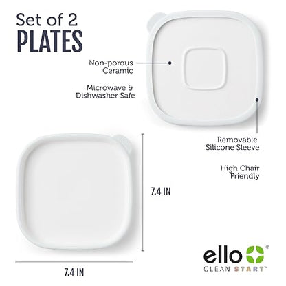 Ello Clean Start - Juego de 2 platos de cerámica sin BPA con funda de silicona para bebés y niños pequeños, apto para microondas y lavaplatos, sin plástico, apto para sillas altas, color azul