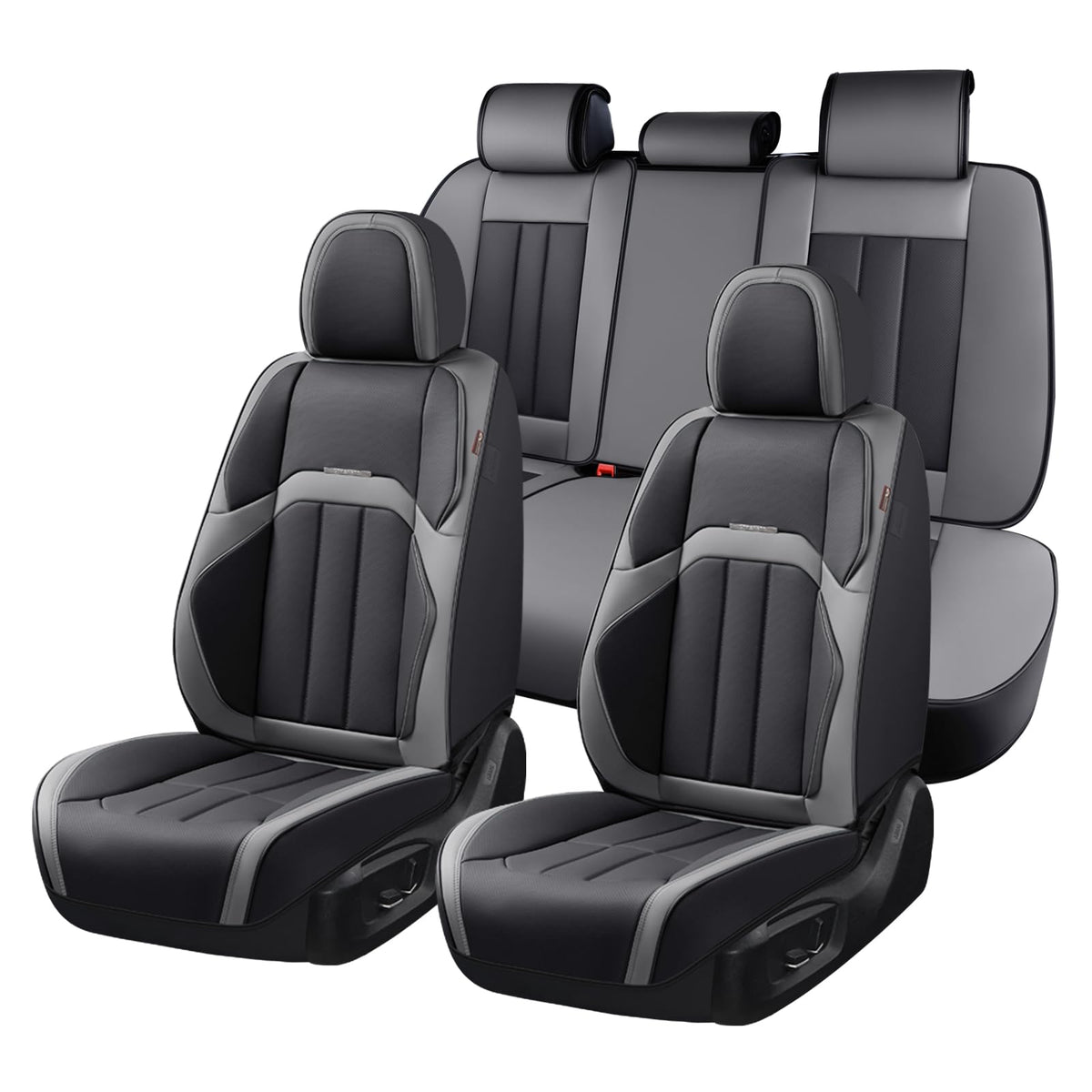 Coverado - Funda para Asiento de Coche, Funda para Asiento Delantero de Coche, Piel Premium, Ajuste Universal, Impermeable, cojín Antideslizante para la mayoría de los Coches, Color Rojo - Negro Gris - FullSet