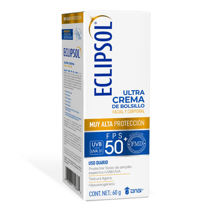 Eclipsol - Ultra Crema de Bolsillo, FPS 50+, Protector Solar Facial, 60 g | Hipoalergénico, textura ligera, resistente al agua, corporal, sin PABA ni parabenos, toda la familia desde 3 años
