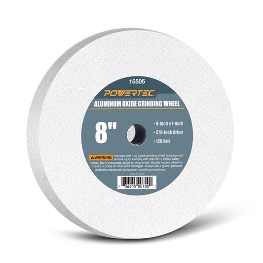 POWERTEC 15505 - Muelas abrasivas de banco y pedestal, 8 pulgadas x 1 pulgada, 5/8 Arbor, muela de banco de óxido de aluminio blanco de grano 120 para moler y afilar herramientas de corte, 1 unidad