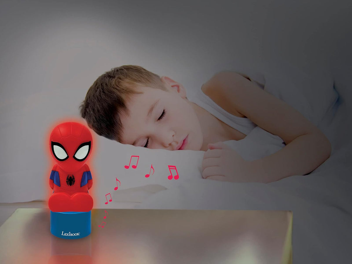 Lexibook Luz Nocturna y Altavoz de Spiderman para la habitación de los niños, Cambio de Color, luz Suave, Funciona con Pilas, Azul/Rojo, NS01SP