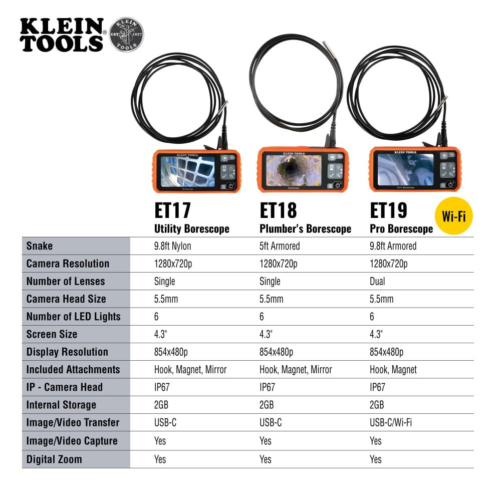 Klein Tools ET17 - utilitario con Serpiente de Cuello de Cisne Impermeable de 5,5 mm, 9,8 pies, LED, visualización LCD de 4,3 Pulgadas, Accesorios, cámara de inspección de endoscopio