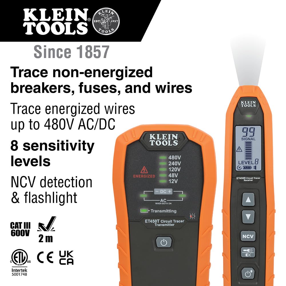 KLEIN TOOLS ET450 | Rastreador De Interruptores Y Cable | Con O Sin Energía | Localiza interruptores y sigue cables con o sin energía de forma práctica para agilizar trabajos eléctricos.