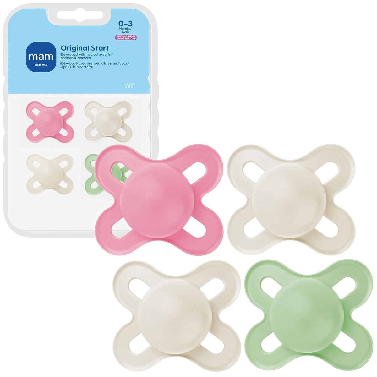 MAM Original Start Chupones de Silicona para Recién Nacido, 0-3 Meses - Menta pálida, polvo de hadas, mantequilla - 4 Count (Pack of 1)