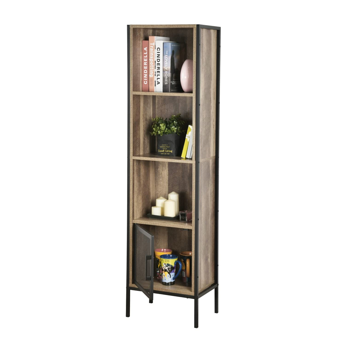 LÖSEN Gabinete de Estilo Industrial con Puerta de Alambre de Púas y 4 Compartimentos de Almacenamiento para Sala Estudio