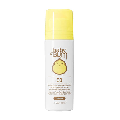 Protector solar roll-on Baby Bum Mineral SPF 50 | Vegano y compatible con la Ley de Arrecifes 104 de Hawaii (sin octinoxato ni oxibenzona) Loción protectora solar hidratante de amplio espectro UVA/UV
