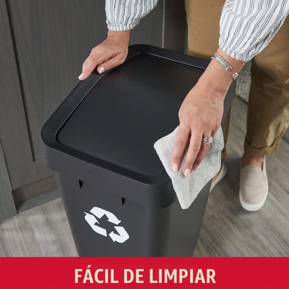 Rubbermaid – Contenedor de Reciclaje con Tapa Abatible que Facilita Clasificar los Residuos, Bote de Perfil Delgado para Cocina, Lavandería y Despensa, Capacidad de hasta 46 L, Negro 2170114